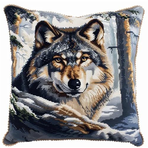 Knüpfen Set Kissen Wolf Knüpfen für Anfänger Set 43X43cm Knüpfen Handarbeit Set Kissen Bastelset Knüpfen Handwerksset Kissen DIY Bastelset für Anfänger für die Sofa-Heimdekoration von Kitquiver