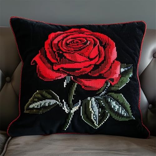 Knüpfkissen Set Rose Knüpfen für Anfänger Set 43X43cm Knüpfen Handarbeit Set Kissen Bastelset Knüpfen Handwerksset Kissen DIY Bastelset für Anfänger für die Sofa-Heimdekoration von Kitquiver