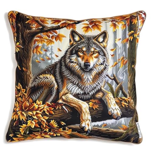 Knüpfkissen Set Wolf Knüpfen und Weben Set 43X43cm Bastelset Knüpfen Kissen Bastelset Knüpfen Handwerksset Kissen DIY Bastelset für Anfänger für die Sofa-Heimdekoration von Kitquiver