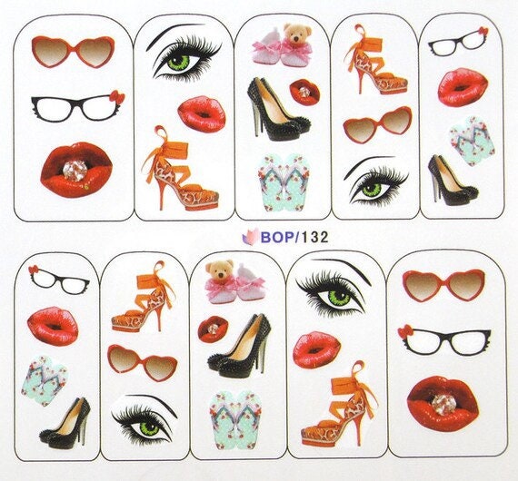 Wasser Transfer Nail Sticker, Nagel Aufkleber, Sonnenbrille, Lippen, Augen Und High Heels Art, Dekoration von KitschyNails