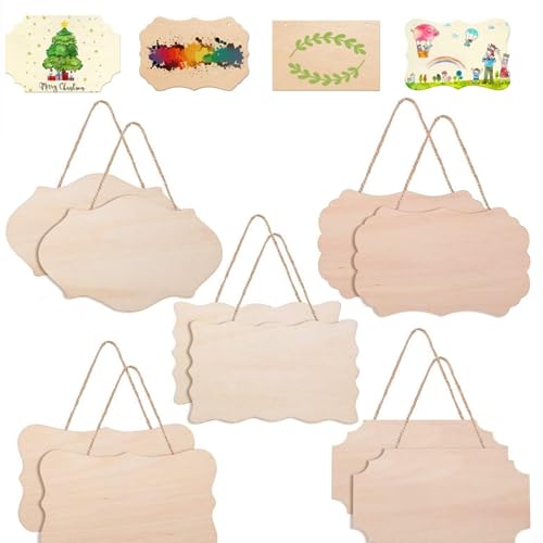 Blank Holzschild,Holzschilder,Hängende Dekorative Holztafel,Holzscheiben Banner,10PC Dekorative Holzbretter Mit Juteseil zum Aufhängen DIY Brandmalerei Malen Schreiben und Dekorieren von Kiuiom