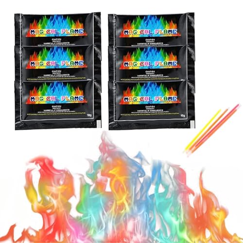 Buntes Feuerpulver,Feuerfarben,Magic Fire Pulver,6PC Bunte Flamme Farbwechsel Powder mit 4PC Knicklichter für Halloween Weihnachten Feuerstellen Kamin Ofen Lagerfeuer Outdoor-Events Party Deko von Kiuiom