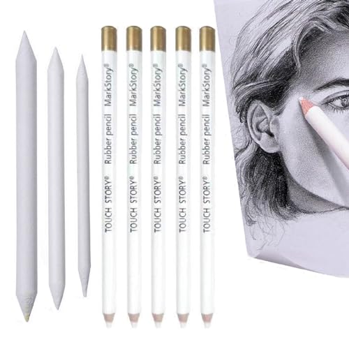 Kiuiom Professionell Zeichnen Kohlestift, Holz Skizzieren Highlight Pen, Weiß Kohle Bleistift, 5PCS Weißer Kohle Zeichenstifte mit 3 Papierwischer Zeichnung White Pencils Fine Art Supplies von Kiuiom