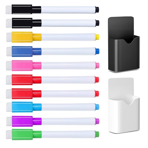 Kiuiom Trocken Abwischbar Stift mit Radierer, Whiteboard Marker Magnetisch, Magnet Whiteboard Stifte, 10PCS mit 2 Stifthalter Magnetisch Abwischbar Stift mit Radierer Folienstift Abwischbar von Kiuiom