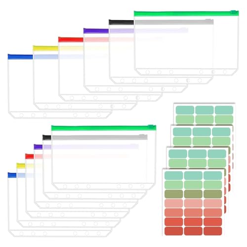 Kivvlbzeq 12 Stück A5-Ordnertaschen, 6-Loch-A5-Ordnereinlagen mit 42 Selbstklebenden Ordnerregistern für 6-Ring-Notizbücher von Kivvlbzeq