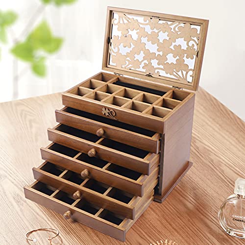 KiwiHood 6-lagige hölzerne Schmuckschatulle Vintage Jewelry Organizer Box Rustic Wood Jewelry Case mit klarem Deckel, 5 Schubladen für Juwelen, Uhren, Halskette, Ring Lagerung von KiwiHood