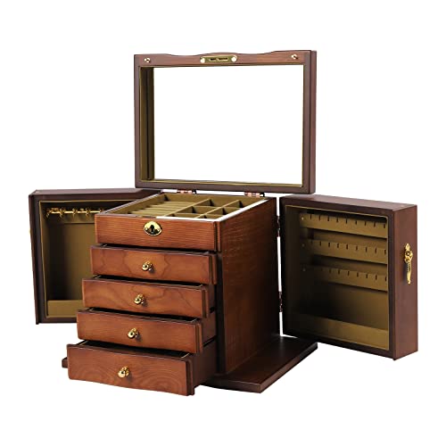 KiwiHood Holz Schmuckschatulle 5-Tier Große Schmuckschatulle Organiser Box Abschließbare Retro Schmuckschatulle mit Schubladen-Spiegel für Ringe, Ohrringe, Halsketten und Zubehör von KiwiHood