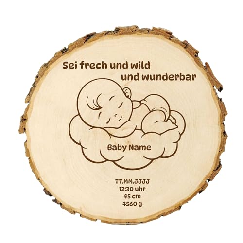 KIWISTAR UG - 14-16 cm Baumscheibe - Baby Geburtsdaten - personalisiertes Geschenk individuell selbst gestalten - Name - Holzscheibe mit Wunschtext - Naturholz - Geschenk - Türschild von Kiwistar