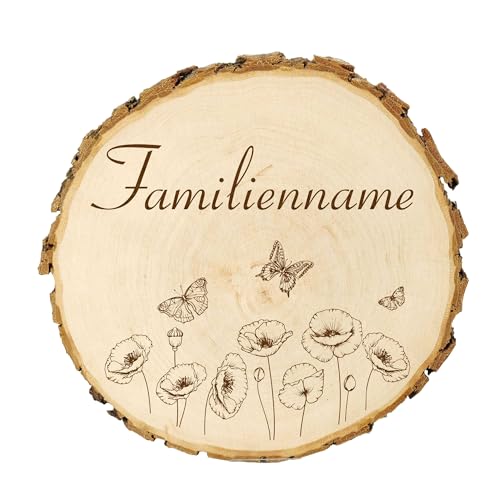 KIWISTAR UG - 14-16 cm Baumscheibe - Familienname Schmetterling - personalisiertes Geschenk individuell selbst gestalten - Name - Holzscheibe mit Wunschtext - Naturholz - Geschenk - Türschild von Kiwistar