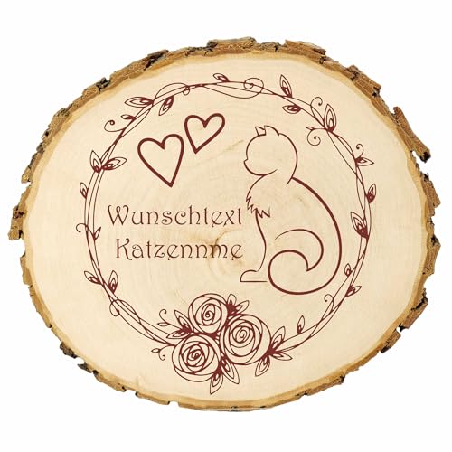 KIWISTAR UG - 14-16 cm Baumscheibe - Katze Herz - personalisiertes Geschenk individuell selbst gestalten - Name - Holzscheibe mit Wunschtext - Naturholz - Geschenk - Türschild von Kiwistar