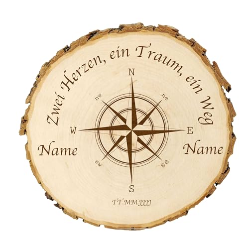 KIWISTAR UG - 14-16 cm Baumscheibe - Kompass - Hochteitsgeschenk - personalisiertes Geschenk individuell selbst gestalten - Name - Holzscheibe mit Wunschtext - Naturholz - Geschenk - Türschild von Kiwistar