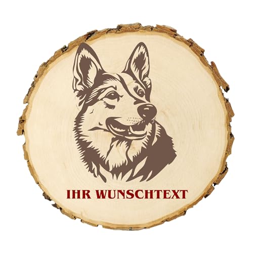 KIWISTAR UG - 14-16 cm Baumscheibe - Norwegischer Elchhund - Hund - personalisiertes Geschenk individuell selbst gestalten - Name - Holzscheibe mit Wunschtext - Naturholz - Geschenk - Türschild von Kiwistar