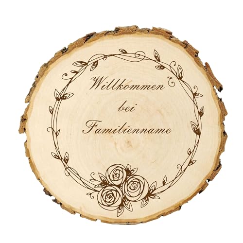 KIWISTAR UG - 21-24 cm Baumscheibe - Willkommen bei - personalisiertes Geschenk individuell selbst gestalten - Name - Holzscheibe mit Wunschtext - Naturholz - Geschenk - Türschild von Kiwistar