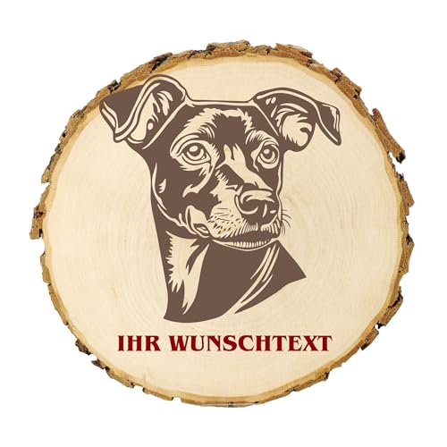 KIWISTAR UG - Baumscheibe 14-16 cm - Deutscher Pinscher - Hund - personalisiertes Geschenk individuell selbst gestalten - Name - Holzscheibe mit Wunschtext - Naturholz - Geschenk - Türschild von Kiwistar