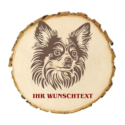 KIWISTAR UG - Baumscheibe 14-16 cm - Papillon - Hund - personalisiertes Geschenk individuell selbst gestalten - Name - Holzscheibe mit Wunschtext - Naturholz - Geschenk - Türschild von Kiwistar