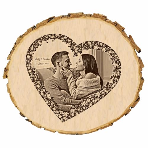 KIWISTAR UG - Baumscheibe - 21-24 cm - Blumenherz - Geschenk Holzscheibe - Valentinstag - Liebe - Love - Naturholz - Geschenk - Türschild - Foto und Wunschtext individuell personalisiert von Kiwistar