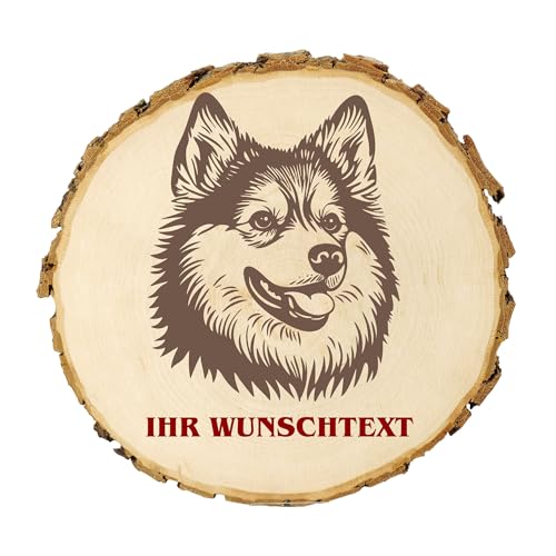 KIWISTAR UG - Baumscheibe 21-24 cm - Miniatur American Eskimo Dog - Hund - personalisiertes Geschenk individuell selbst gestalten - Name - Holzscheibe mit Wunschtext Naturholz Geschenk Türschild von Kiwistar