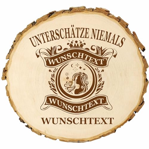 KIWISTAR UG - Baumscheibe - 21-24 cm - Unterschätze niemals - personalisiertes Geschenk individuell selbst gestalten - Name - Holzscheibe mit Wunschtext - Naturholz - Geschenk - Türschild von Kiwistar