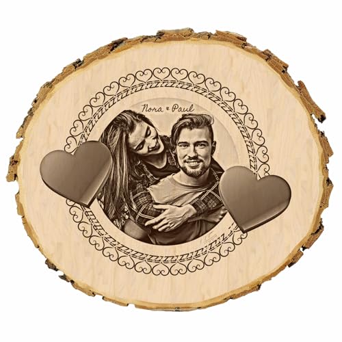 KIWISTAR UG - Baumscheibe - 36-40 cm - Herz Rahmen - Geschenk Holzscheibe - Valentinstag - Liebe - Love - Naturholz - Geschenk - Türschild - Foto und Wunschtext individuell personalisiert von Kiwistar