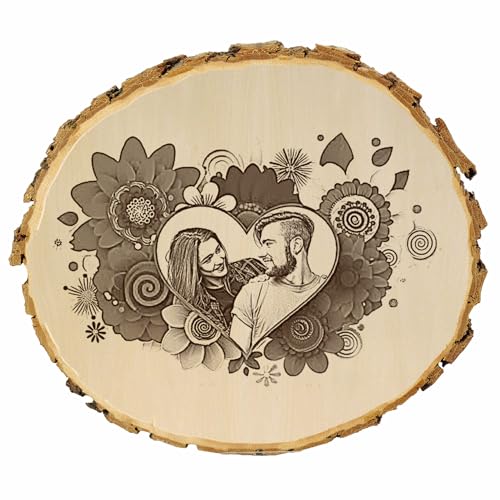 KIWISTAR UG - Holzscheibe - 36-40 cm - Retroblumen - Geschenk Baumscheibe - Valentinstag - Liebe - Love - Naturholz - Geschenk - Türschild - Foto und Wunschtext individuell personalisiert von Kiwistar