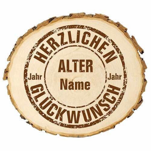 KIWISTAR UG - ab 14-16 cm Baumscheibe - Geburtstag mit Jahreszahl - personalisiertes Geschenk individuell selbst gestalten - Name - Holzscheibe mit Wunschtext - Naturholz - Geschenk - Türschild von Kiwistar