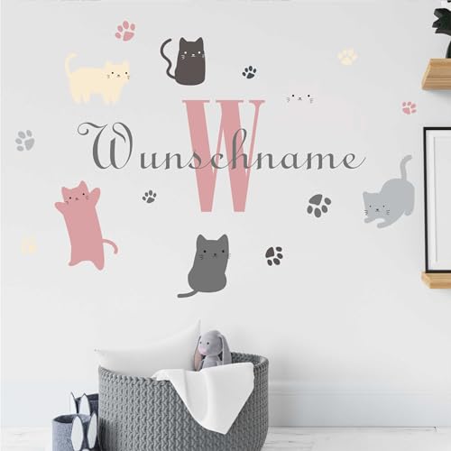 KIWISTAR - Wandtattoo - Katzen - personalisiert mit Wunschname - Namensaufkleber individuell selber gestalten - Wandsticker mit Name - Wandaufkleber für Kinderzimmer Babyzimmer Spielzimmer von Kiwistar