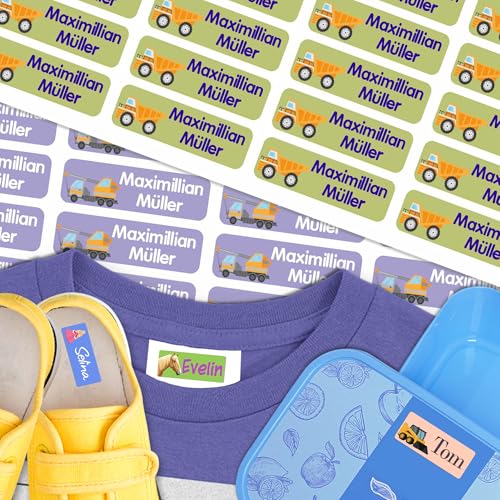 Kiwistar - 100 Namensaufkleber für Kinder - Baustelle - 35x10mm - Kleidung & Gegenstände - Kita - Schule - Namensschilder individuell personalisiert - waschmaschinenfest - Wäscheetiketten von Kiwistar