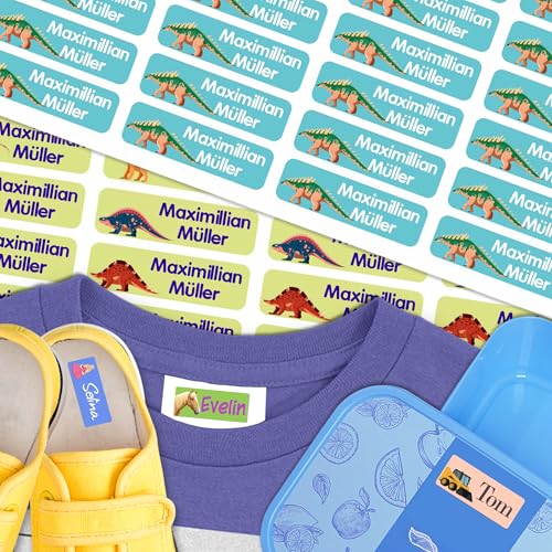 Kiwistar - 100 Namensaufkleber für Kinder - Dinosaurier - 35x10mm - Kleidung & Gegenstände - Kita - Schule - Namensschilder individuell personalisiert - waschmaschinenfest - Wäscheetiketten von Kiwistar