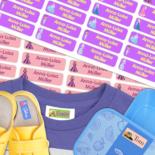 Kiwistar - 100 Namensaufkleber für Kinder - Prinzessin - 35x10mm - Kleidung & Gegenstände - Kita - Schule - Namensschilder individuell personalisiert - waschmaschinenfest - Wäscheetiketten von Kiwistar