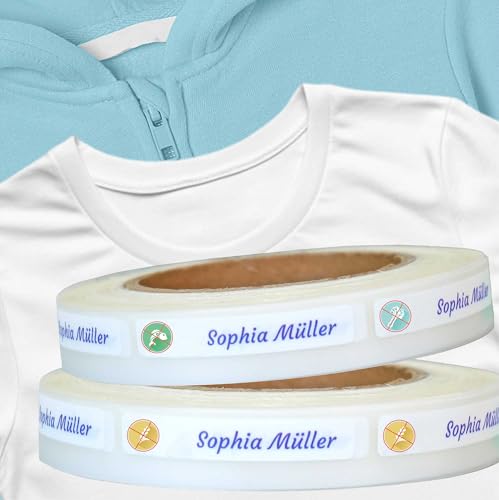 Kiwistar - Bügeletiketten personalisiert 8x1 cm auf Rolle - Kinder - ab 100 Stück - Allergie - mit Wunschtext - Name - personalisiert - Namensschilder für Kleidung - Wäscheetiketten zum aufbügeln von Kiwistar