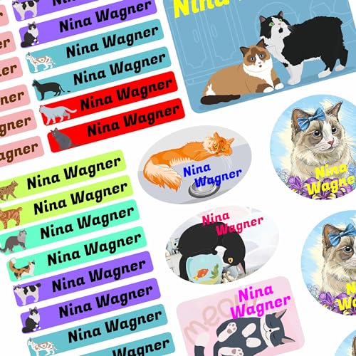 Namensaufkleber Set - Kinder - 75 Stück - Katzen - mit Wunschtext - Name - personalisiert - Namensetiketten - für Jugendliche - Firma - Universität - Schule - Kinder - KITA von Kiwistar