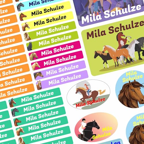 Namensaufkleber Set - Kinder - 75 Stück - Pferde - mit Wunschtext - Name - personalisiert - Namensetiketten - für Jugendliche - Firma - Universität - Schule - Kinder - KITA von Kiwistar