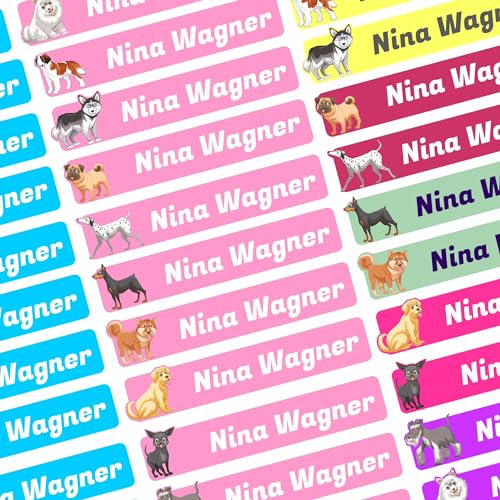 Namensaufkleber Set - Kinder - Hunde - ab 50 Stück - 38x7 mm - mit Wunschtext - Name - personalisiert - Namensetiketten - für Jugendliche - Firma - Universität - Schule - Kinder - KITA von Kiwistar