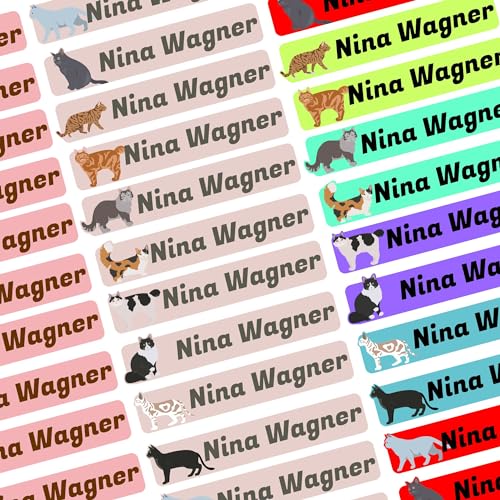 Namensaufkleber Set - Kinder - Katzen - ab 50 Stück - 38x7 mm - mit Wunschtext - Name - personalisiert - Namensetiketten - für Jugendliche - Firma - Universität - Schule - Kinder - KITA von Kiwistar