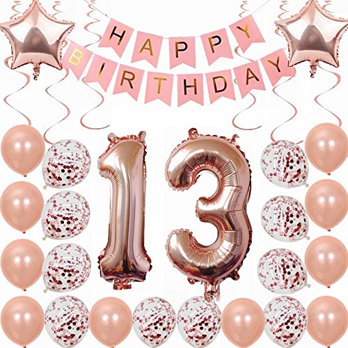 Kiwochy 13. Geburtstag Dekoration Rosegold Deko 13. Geburtstag Mädchen Party Deko Set 13 Geburtstag Mädchen Deko Geschenk 13 jahre Geburtstag deko Ballon 13 Geburtstag Mädchen Junge 13 jahre Mädchen von Kiwochy