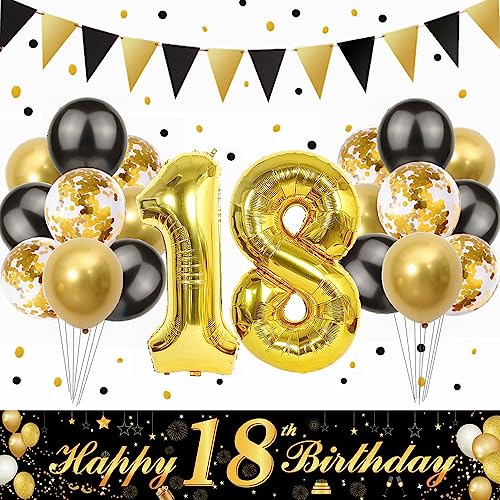 Kiwochy 18. Geburtstag Dekoration Junge Mädchen18. Geburtstag Party Deko 18. Geburtstag Schwarz Gold Banner Extra lange Happy 18th Birthday Banner für 18th Jubiläum Geburtstagsparty Supplies Dekor von Kiwochy