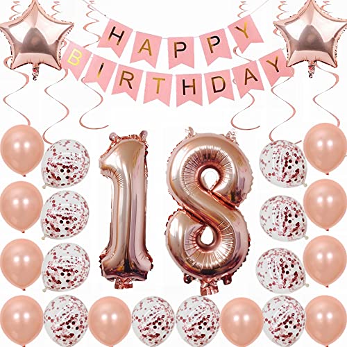 Kiwochy 18. Geburtstag Dekoration Rosegold Deko 18. Geburtstag Mädchen Party Deko Set 18 Geburtstag Mädchen Deko Geschenk 18 jahre Geburtstag deko Ballon 18 Geburtstag Mädchen Junge 18 jahre Mädchen von Kiwochy