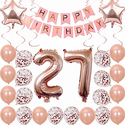 Kiwochy 27. Geburtstag Dekoration Rosegold Deko 27. Geburtstag Frauen Männer Party Deko Set 27 Geburtstag Frauen Deko Geschenk 27 jahre Geburtstag deko Ballon 27 Geburtstag Frauen 27 jahre von Kiwochy