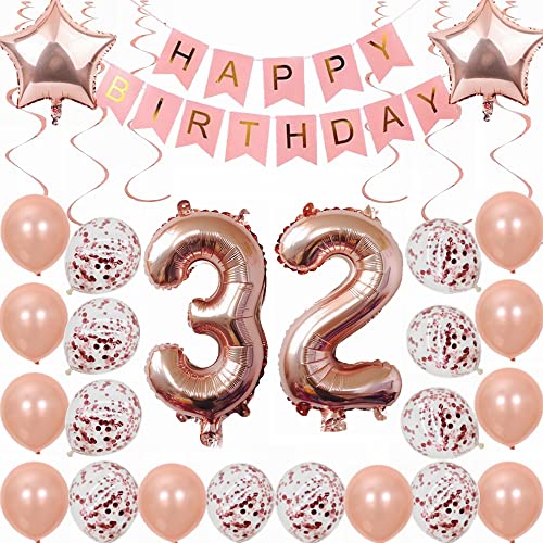 Kiwochy 32. Geburtstag Dekoration Rosegold Deko 32. Geburtstag Frauen Männer Party Deko Set 32 Geburtstag Frauen Deko Geschenk 32 jahre Geburtstag deko Ballon 32 Geburtstag Frauen 32 jahre Frauen von Kiwochy