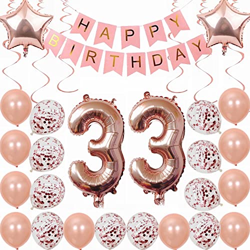 Kiwochy 33. Geburtstag Dekoration Rosegold Deko 33. Geburtstag Frauen Männer Party Deko Set 33 Geburtstag Frauen Deko Geschenk 33 jahre Geburtstag deko Ballon 33 Geburtstag Frauen 33 jahre Frauen von Kiwochy