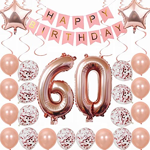 Kiwochy 60. Geburtstag Dekoration Rosegold Deko 60. Geburtstag Frauen Männer Party Deko Set 60 Geburtstag Frauen Deko Geschenk 60 jahre Geburtstag deko Ballon 60 Geburtstag Frauen 60 jahre Frauen von Kiwochy