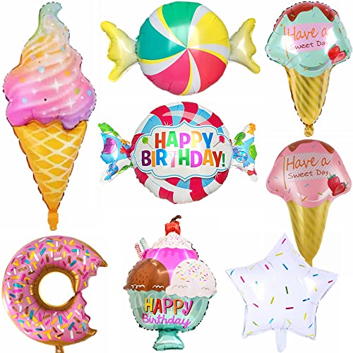 Kiwochy Candy Eiscreme Donut Folienballons Set Candy Lollipop Party Krapfen Geburtstagsdeko Luftballons Sommer Ice Cream Themenorientierte Geburtstags Dekoration Ballons für Geburtstagsdeko Mädchen von Kiwochy