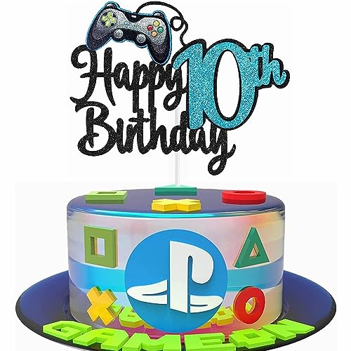 Kiwochy Geburtstag Videospiel Torten Deko Gaming Dekoration Happy 10th Birthday Tortendeko Videospiel Cupcake Topper Geburtstag Junge Videospiel Torten Deko für Spiel Thema Party Dekoration Blau von Kiwochy