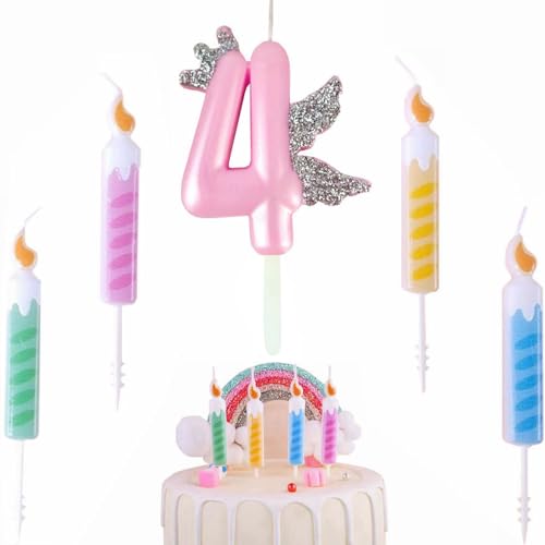 Kiwochy Geburtstagskerzen Zahlen 4 Krone Engelsflügel 3D Rosa Geburtstagskerzen Kerzen Geburtstag Geburtstag Kuchen Kerzen Tortendeko Geburtstag Kuchendeko Geburtstag für Kuchen Geburtstagsdeko von Kiwochy