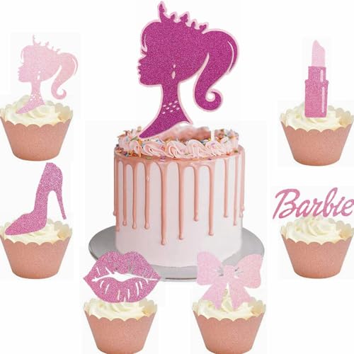 Kiwochy Tortendeko Geburtstag Mädchen Prinzessin Cupcake Toppers Lila Mädchen High Heels Lippenstift Kuchen Deko Makeup Cupcake Toppers für Mädchen Princess Thema Party Kuchen Dekoration von Kiwochy