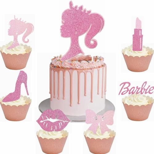 Kiwochy Tortendeko Geburtstag Mädchen Prinzessin Cupcake Toppers Rosa Mädchen High Heels Lippenstift Kuchen Deko Makeup Cupcake Toppers für Mädchen Princess Thema Party Kuchen Dekoration von Kiwochy