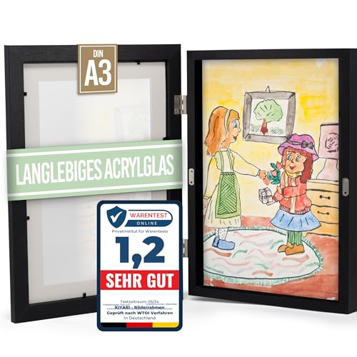 KIYARI Bilderrahmen Kinderzeichnungen A3 Schwarz, Aufklappbar & Frontöffnung, für bis zu 150 Zeichnungen, Robustes Holz & bruchsicheres Glas, Ideal für Kunstprojekte, Kinderzimmer & Schule von KIYARI