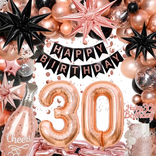 30 Geburtstag Deko Frauen, 30. Ballons Rosegold Schwarz Deko 30 Geburtstag Deko Frauen mit Happy Birthday Girlande, Ketten Ballons, Ballons Konfetti für 30 Jahre Frauen Geburtstag Deko von Kiyiusan