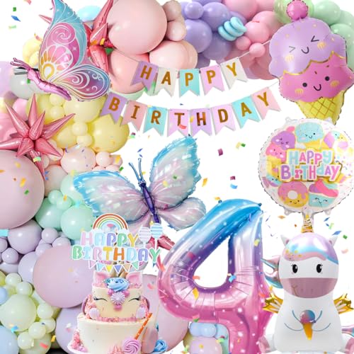 4 Jahre Geburtstagsdeko Mädchen, Deko Luftballons Kindergeburtstag, Einhorn Kindergeburtstag Deko, 4 Jahre Happy Birthday Deko, Einhorn Schmetterling Folienballon Geburtstag Deko für 4 Jahre Mädchen von Kiyiusan