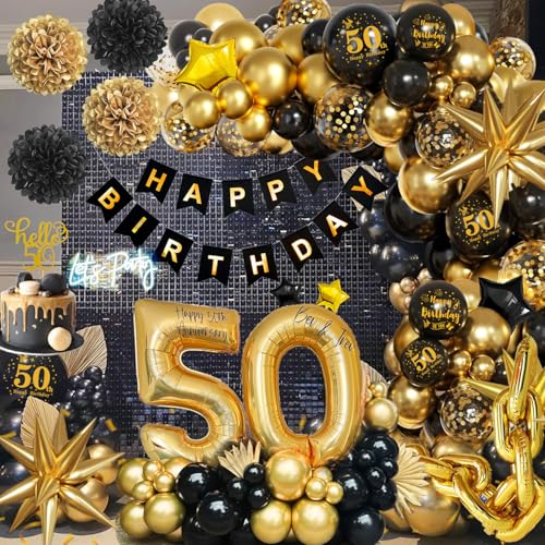 50 Jahre Geburtstag Deko, 50. Geburtstag Männer Frauen, 50 Jahre Schwarz Gold 50. Geburtstag Deko Frauen mit Happy Birthday Girlande, Ballons Konfetti für 50 Jahre Frauen Mann Geburtstag Deko von Kiyiusan